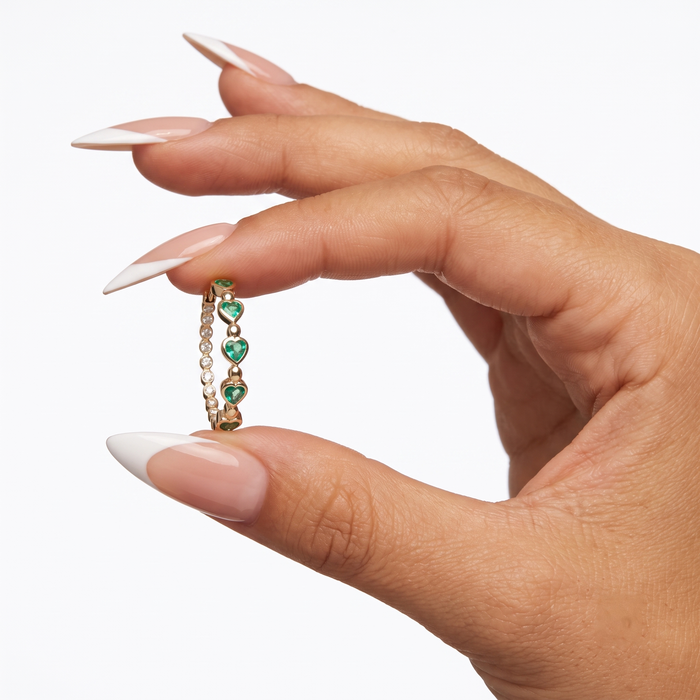 Emerald Embrace Heart Hoop Earrings in 14K Yellow Gold