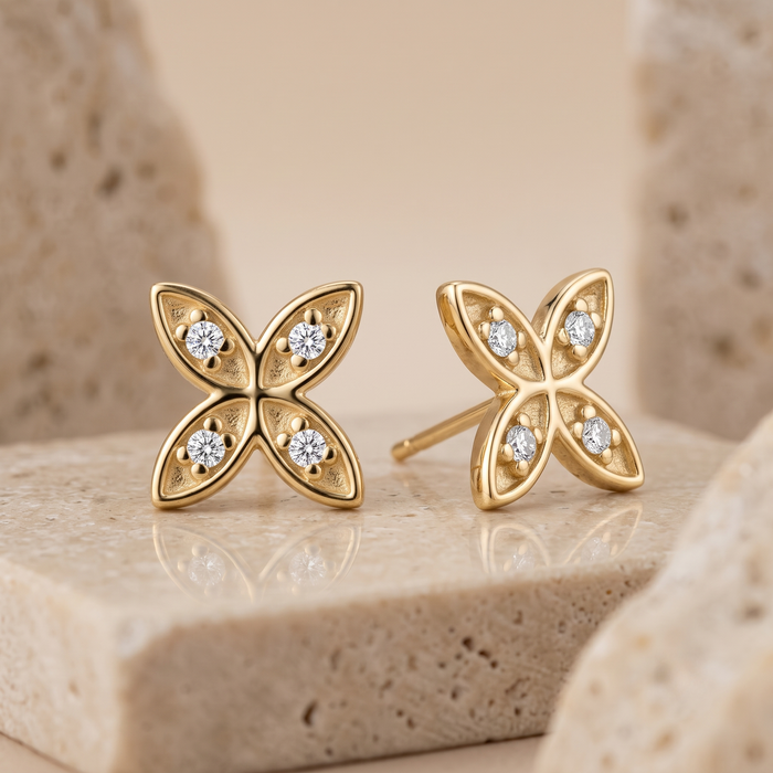Floral Petal Diamond Stud Earrings in 14K Yellow Gold