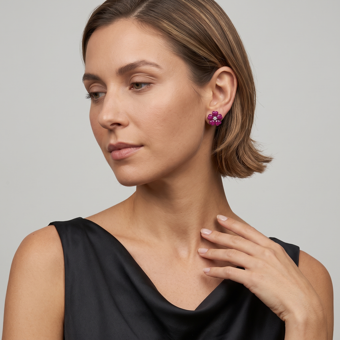 Diamonds Kissed Pink Blossom Stud Earrings in 14K Yellow Gold