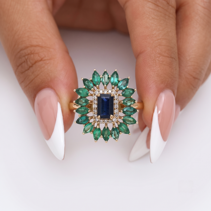 Blue Sapphire Emerald 14K Halo Cocktail Ring