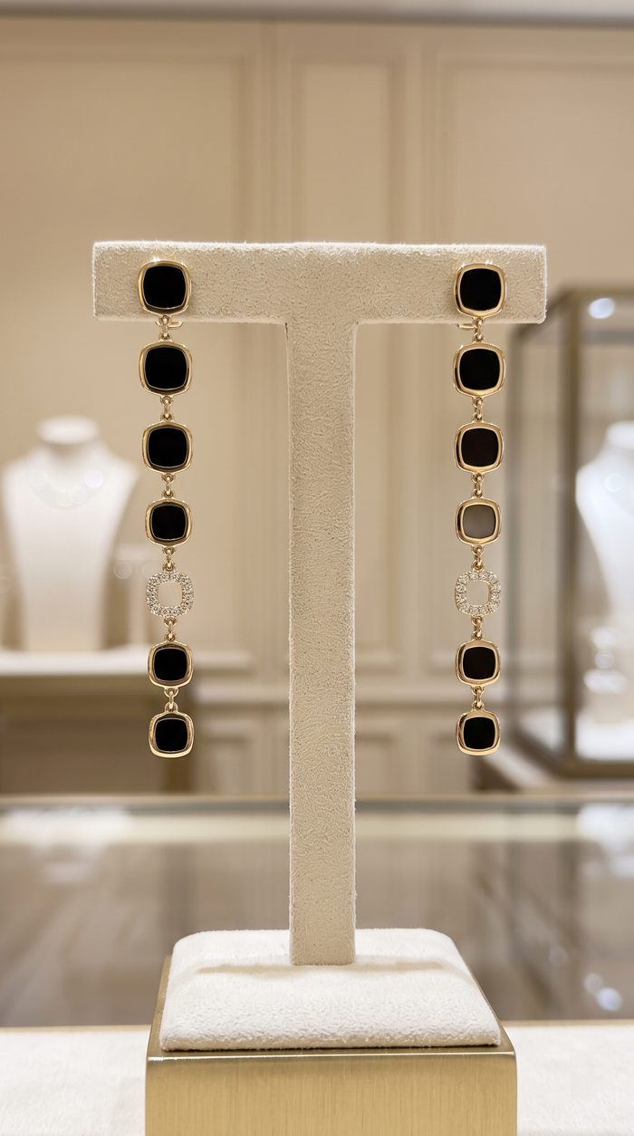 Diamond Black Enamel Drop Earrings in 14K Yellow Gold
