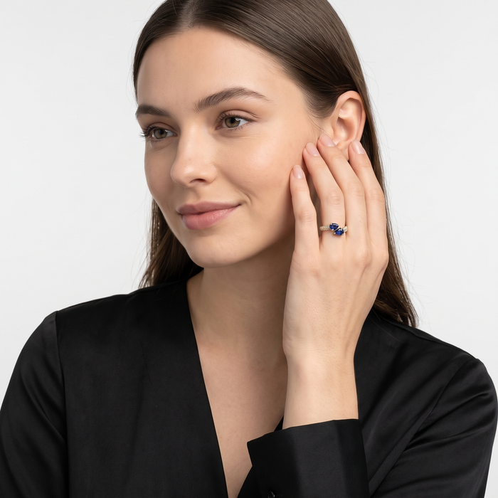 Dual Pear Blue Sapphire 14K Diamond Open Band Ring