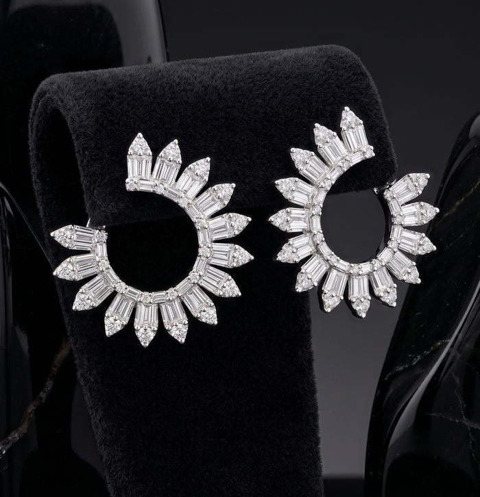 Sunburst Baguette Marquise Diamond Earrings in 14K White Gold