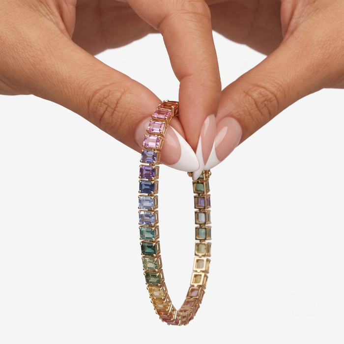 Luxe Prism Emerald-Cut Multicolour Stone 14K Gold Tennis Bracelet