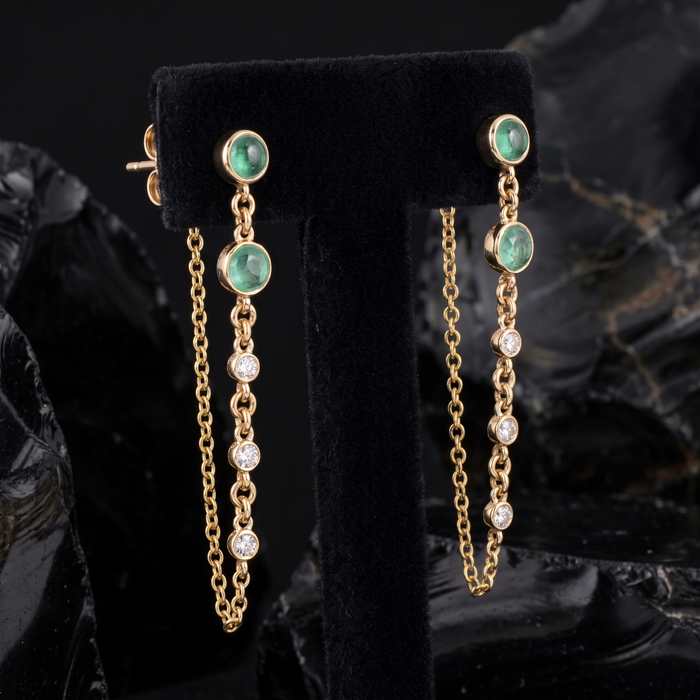 Dual Chain Emerald Drop Earrings in 14K Yellow Gold