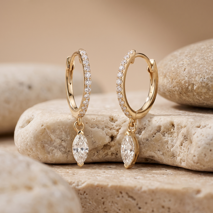 Marquise Diamond Drop Huggie Earrings in 14K Yellow Gold