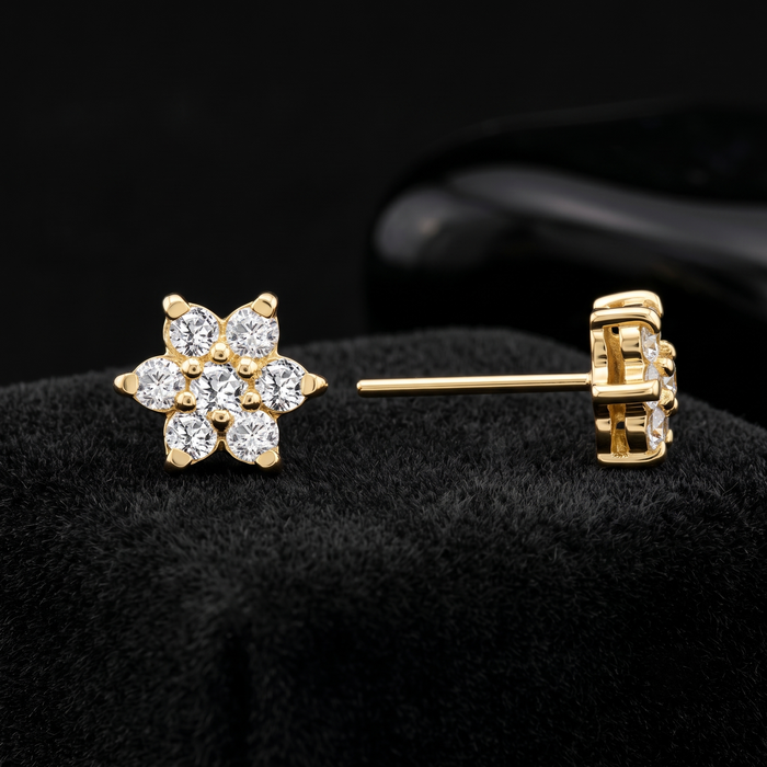 Floral Round Diamond Stud Earrings in 14K Yellow Gold