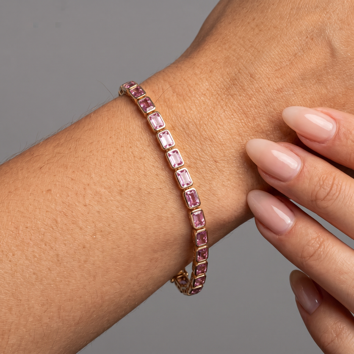 Emerald Cut Pink Sapphire 14K Gold Tennis Bracelet