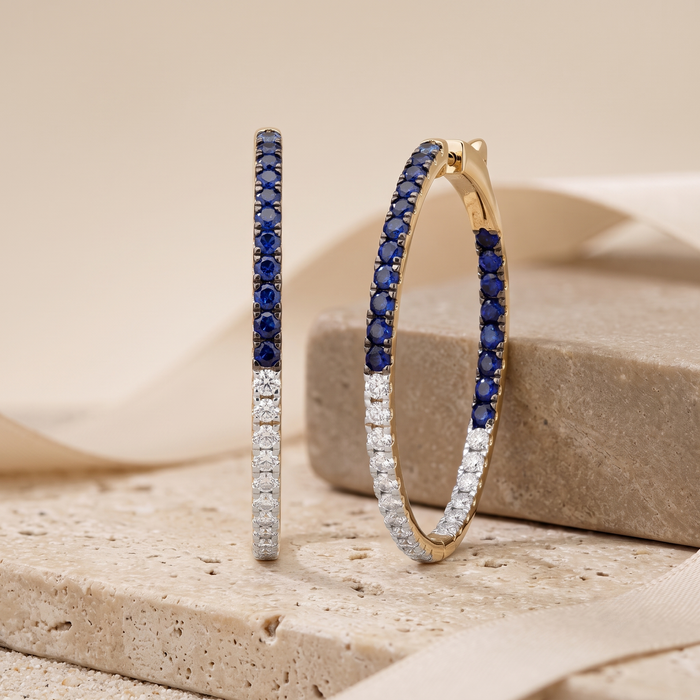 Sapphire Gemstones Diamond Hoop Earrings in 14K Yellow Gold