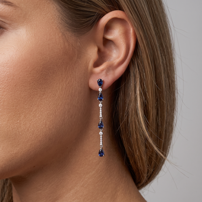 Multi Blue Sapphire 14K (or 18k upon request) Yellow Gold Diamond Drop Earrings