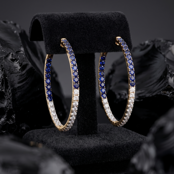 Sapphire Gemstones Diamond Hoop Earrings in 14K Yellow Gold