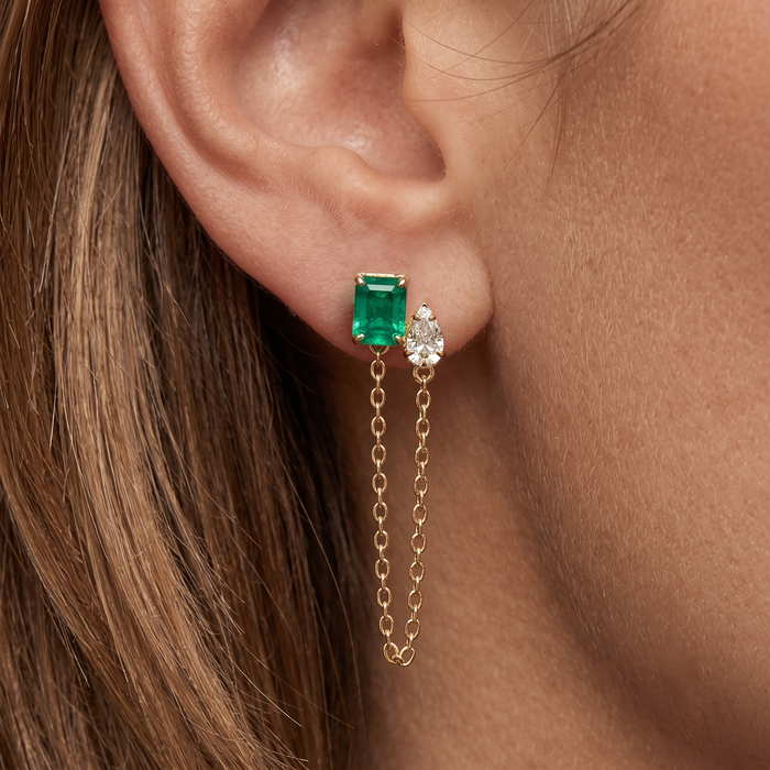 Emerald Cascade Diamond Chain Earrings in 14K Yellow Gold