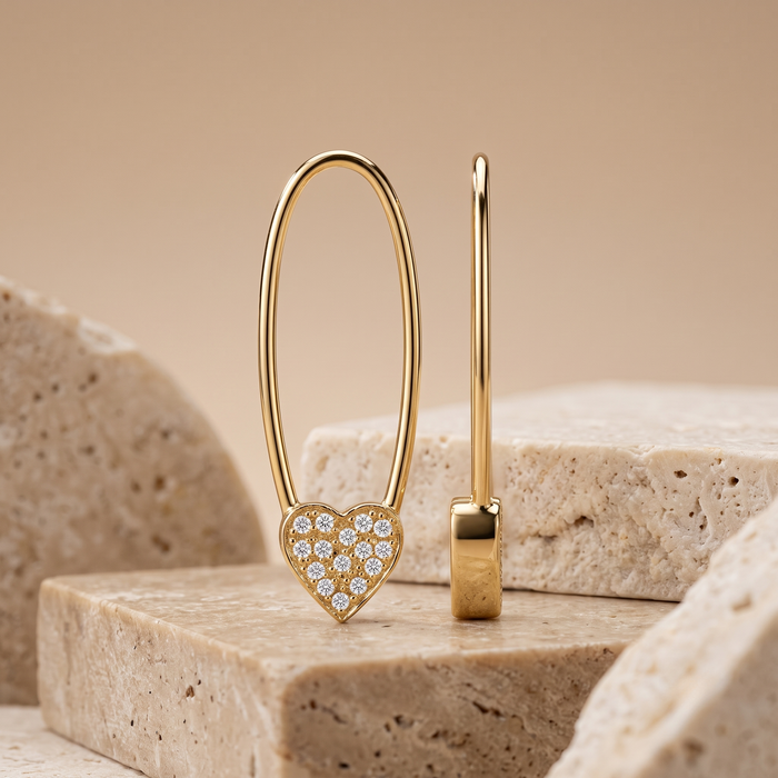 Heart Threader 14K (or 18k upon request) Yellow Gold Drop Diamond Earrings