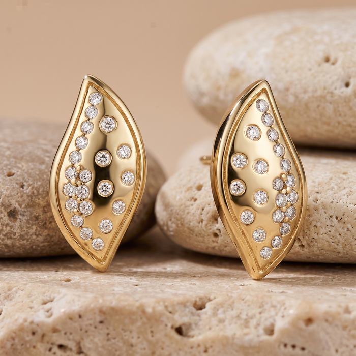 Leaf Shape Diamond Studs Earrings in 14K Yellow Gold