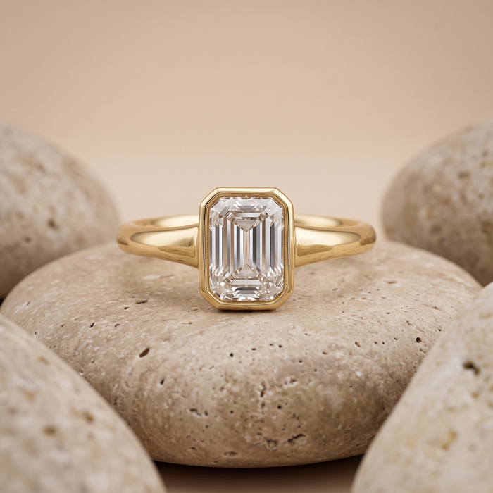 Emerald-Cut Bezel Set Diamond Ring in 14K Yellow Gold