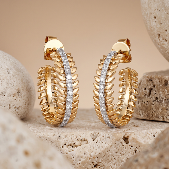 Leaf Link Diamond Hoop Earrings in 14K Yellow Gold