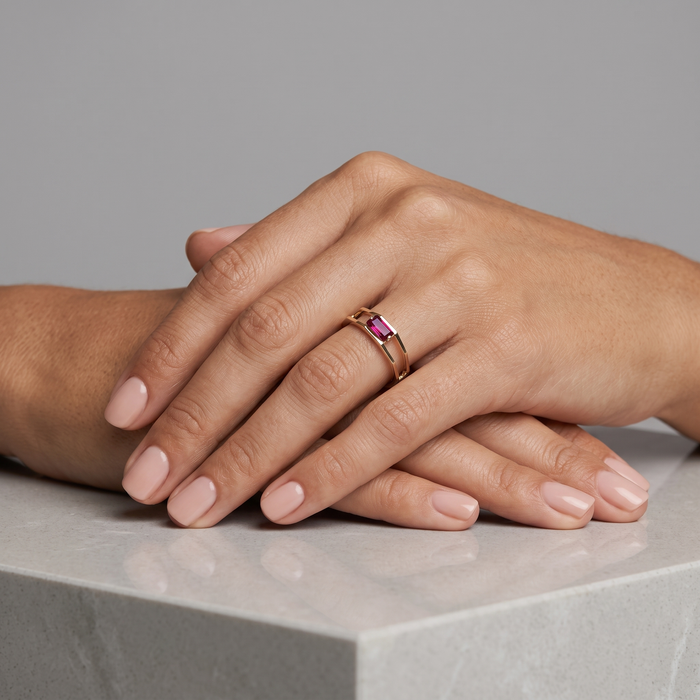 Hexagon Open Band Baguette Ruby Ring in 14K Yellow Gold