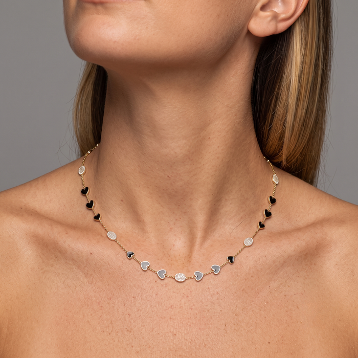 Diamond Black Enamel Station Necklace in 14K Yellow Gold