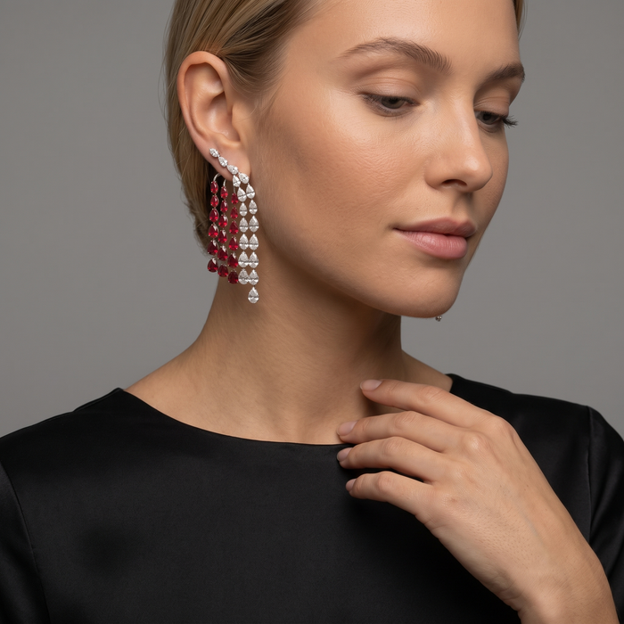 Ruby Red & White 14K White Gold Drop Earrings