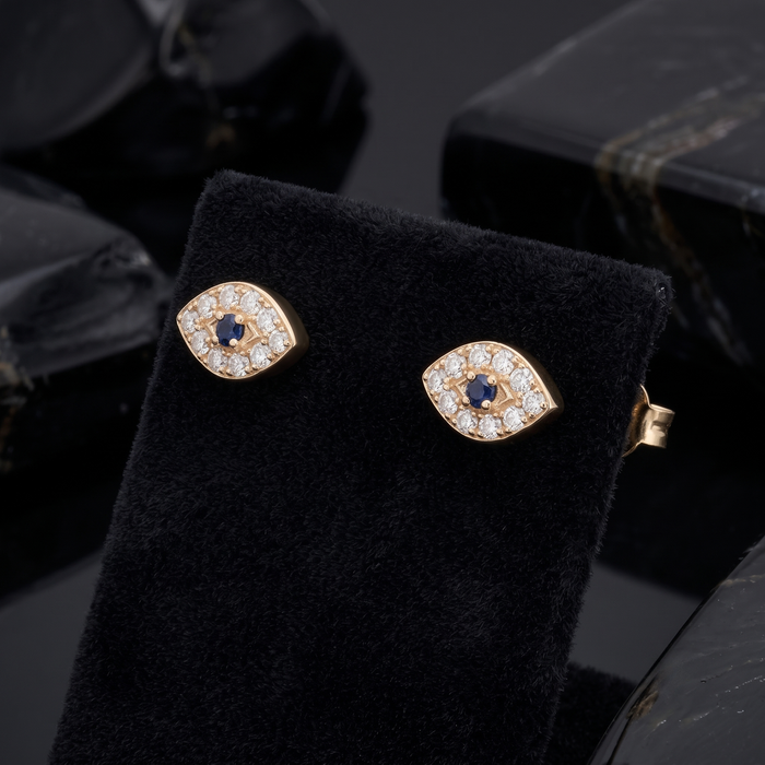 Unique Sapphire Diamond Stud Earrings in 14K Yellow Gold