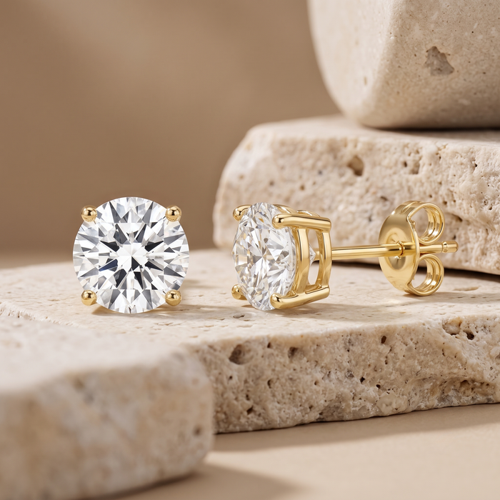 Four Prong Push Back Round Diamond Earrings in 14K Yellow Gold