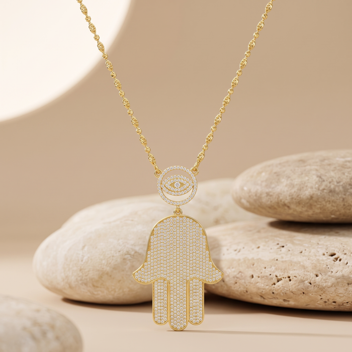 Pretty Round Diamond Hamsa Eye Necklace in 14K Gold