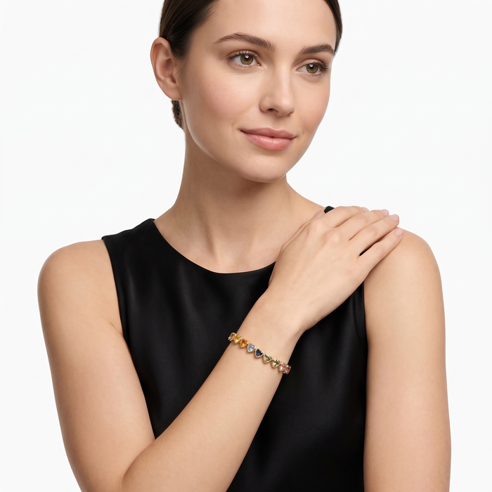 Heart-Shaped Rainbow Gemstone 14K Yellow Gold Bracelet