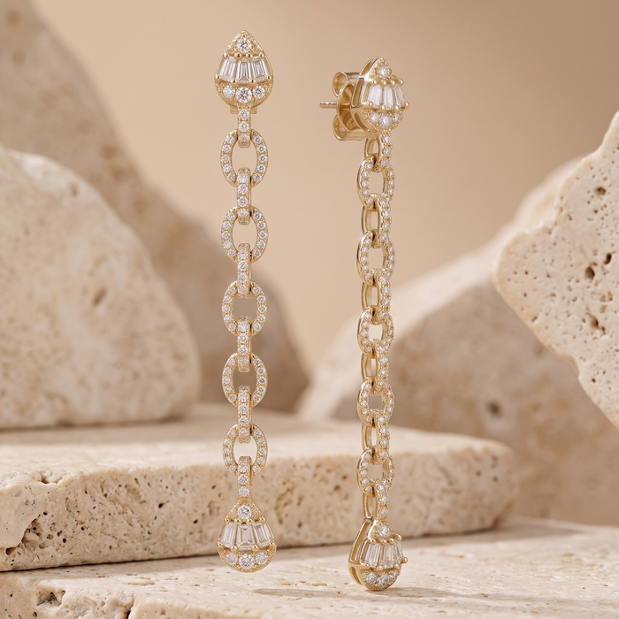 Teardrop Chain Link 14K (or 18k upon request) Yellow Gold Diamond Drop Earrings