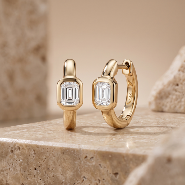 Bezel Emerald Diamond Mini Hoop Earrings in 14K Yellow Gold