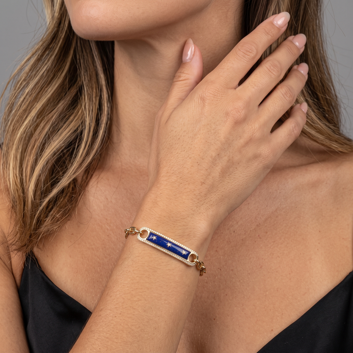 Lapis Inlay Diamond Frame Star Bar Charm Bracelet in 14K Yellow Gold