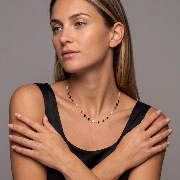 Diamond Black Enamel Station Necklace in 14K Yellow Gold