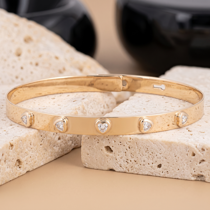 Heart Cut Diamond Studded Bangle Bracelet in 14K Yellow Gold