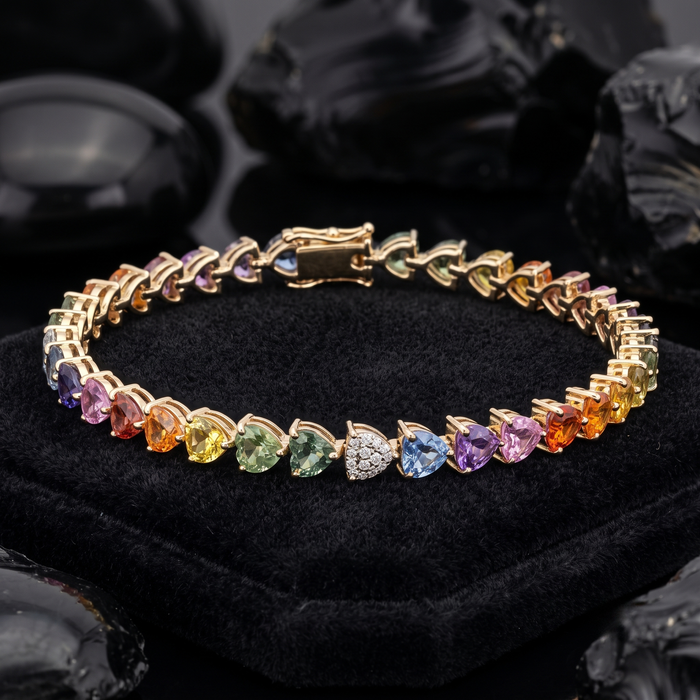 Celestial Heart Rainbow Sapphire & Diamond 14K Gold Tennis Bracelet