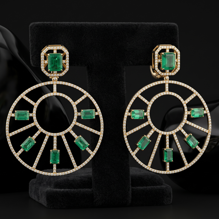 Emerald Diamond Sunburst Statement Earring in 14K Yellow Gold