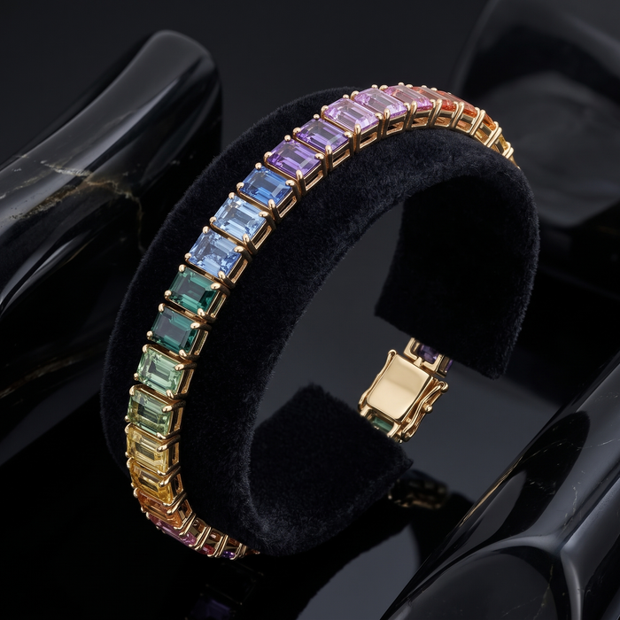Luxe Prism Emerald-Cut Multicolour Stone 14K Gold Tennis Bracelet