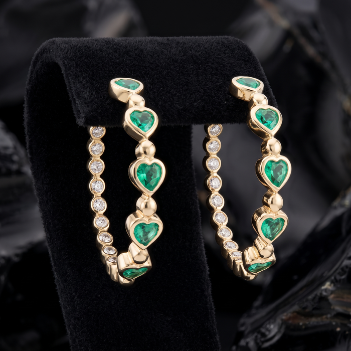 Emerald Embrace Heart Hoop Earrings in 14K Yellow Gold