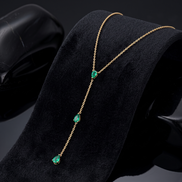 Pear Cut Emerald Drops Lariat Necklace in 14K Yellow Gold