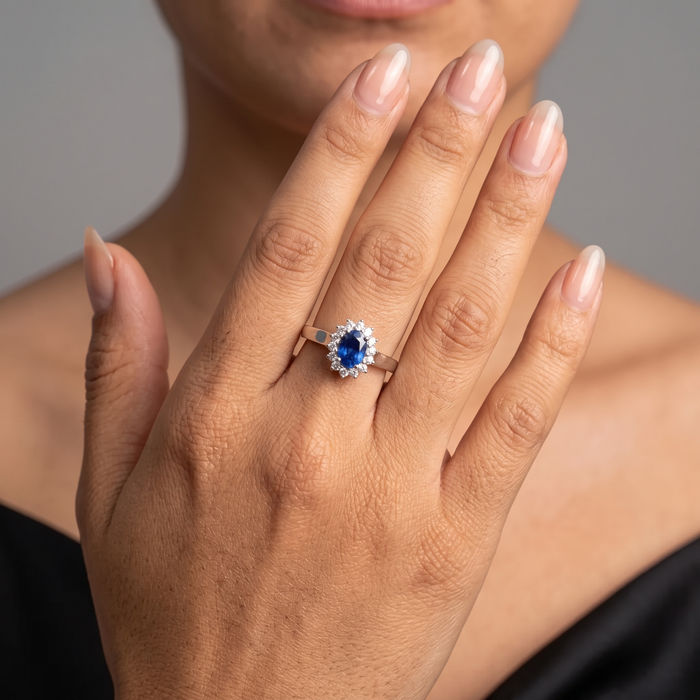 Oval Blue Sapphire 14K Diamond Cluster Ring