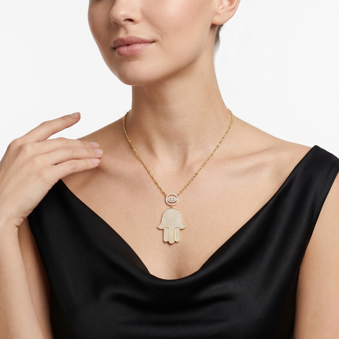 Pretty Round Diamond Hamsa Eye Necklace in 14K Gold