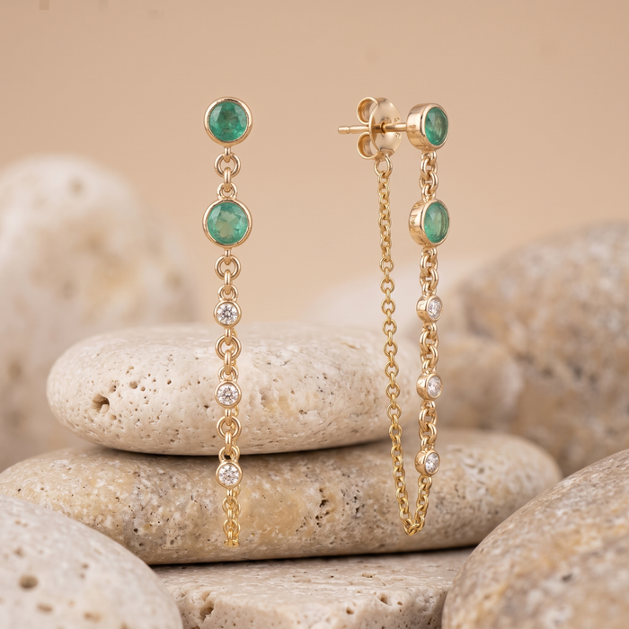 Dual Chain Emerald Drop Earrings in 14K Yellow Gold