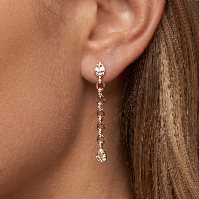 Teardrop Chain Link 14K (or 18k upon request) Yellow Gold Diamond Drop Earrings