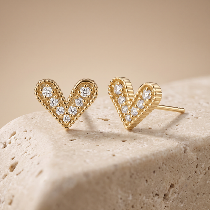 Round Diamond Heart Shape Stud Earrings Set - Push Back with Milgrain