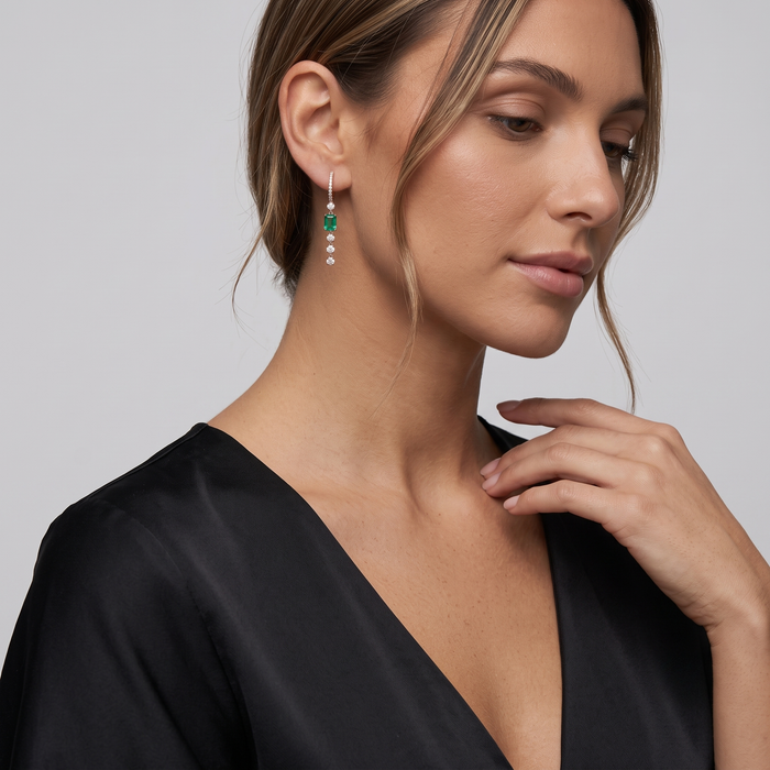 Emerald Cut Diamond Drop Hoop Earrings in 14K Gold