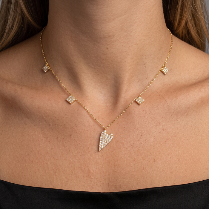 Asymmetrical Diamond Heart Necklace in 14K Yellow Gold