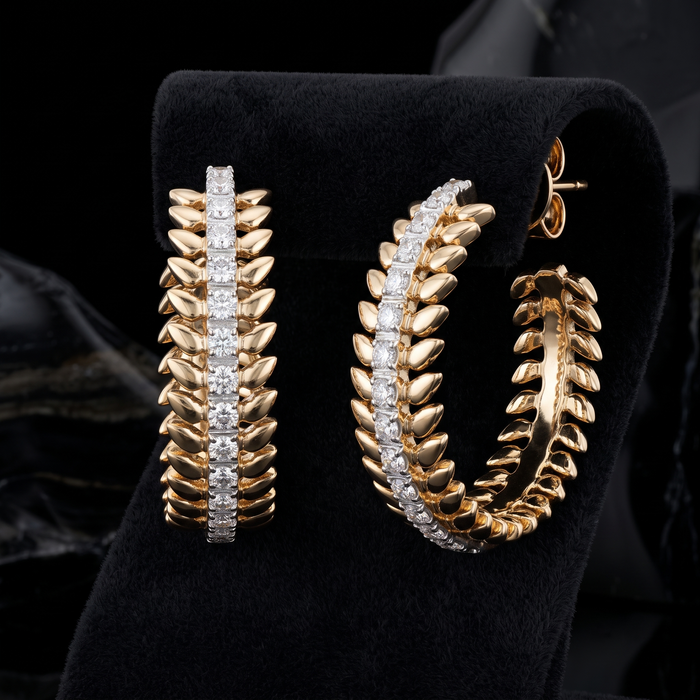 Leaf Link Diamond Hoop Earrings in 14K Yellow Gold