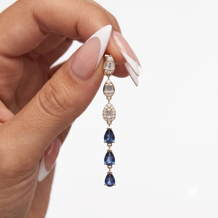 Baguette Diamond Sapphire Drop Cascade Earrings in 14K Yellow Gold
