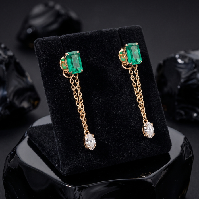 Emerald Drop Oval Diamond Chain Earrings in 14K Yellow Gold