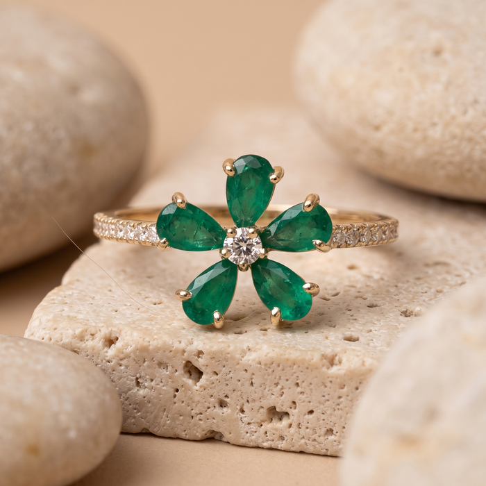 Emerald Green Flower 14K Diamond Ring