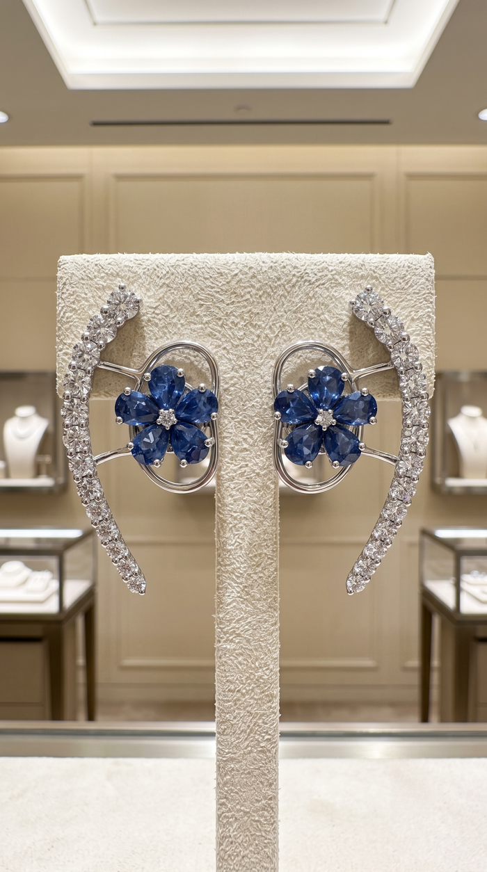 Sapphire Florals Diamond Earrings in 18K White Gold