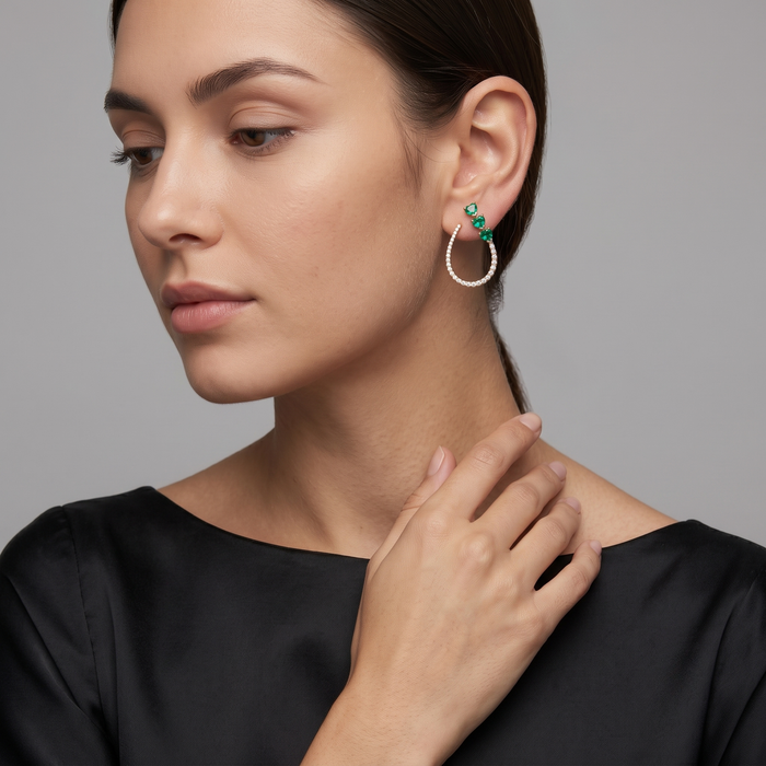 Trio Heart Emerald 14K (or 18k upon request) Yellow Gold Diamond Drop Earrings